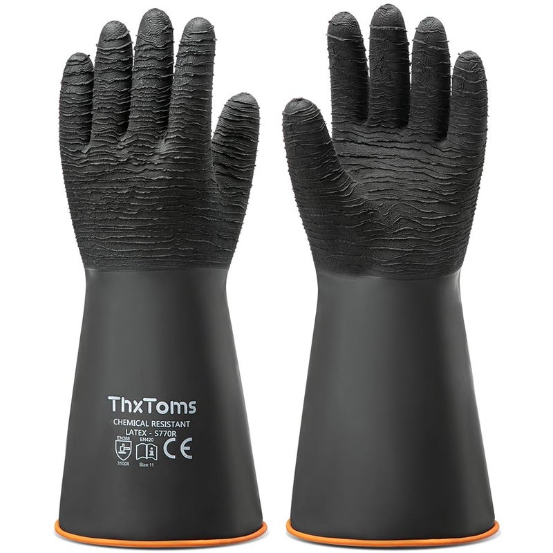 ThxToms Heavy Duty Rubber Gloves, Industrial Chemical Resistant Gloves Waterproof Reusable Protective Work Gloves for Cleaning, Dishwashing,Upgraded with Non-Slip Design, Black, 14" 1 Pair - Image 1